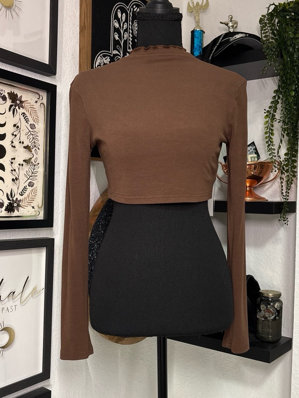 Shein Chocolate Brown Ribbed Mock Neck Cropped Long Sleeve Top Basic Layering